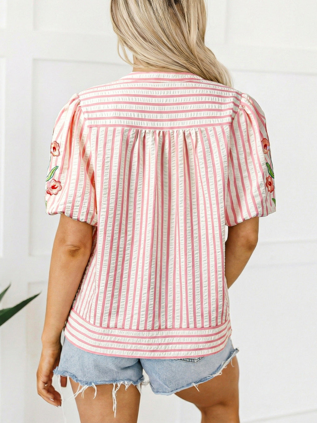 Stripe Print Floral Embroidered Puff Sleeve V Neck Blouse