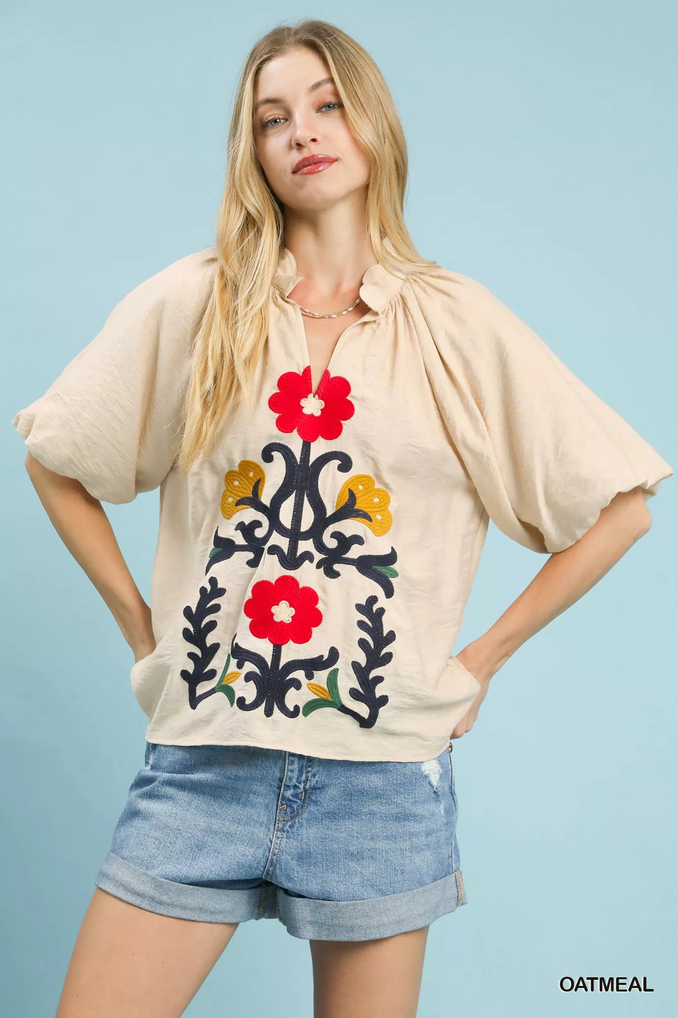 Umgee Embroidered Boho Puff Sleeve Blouse