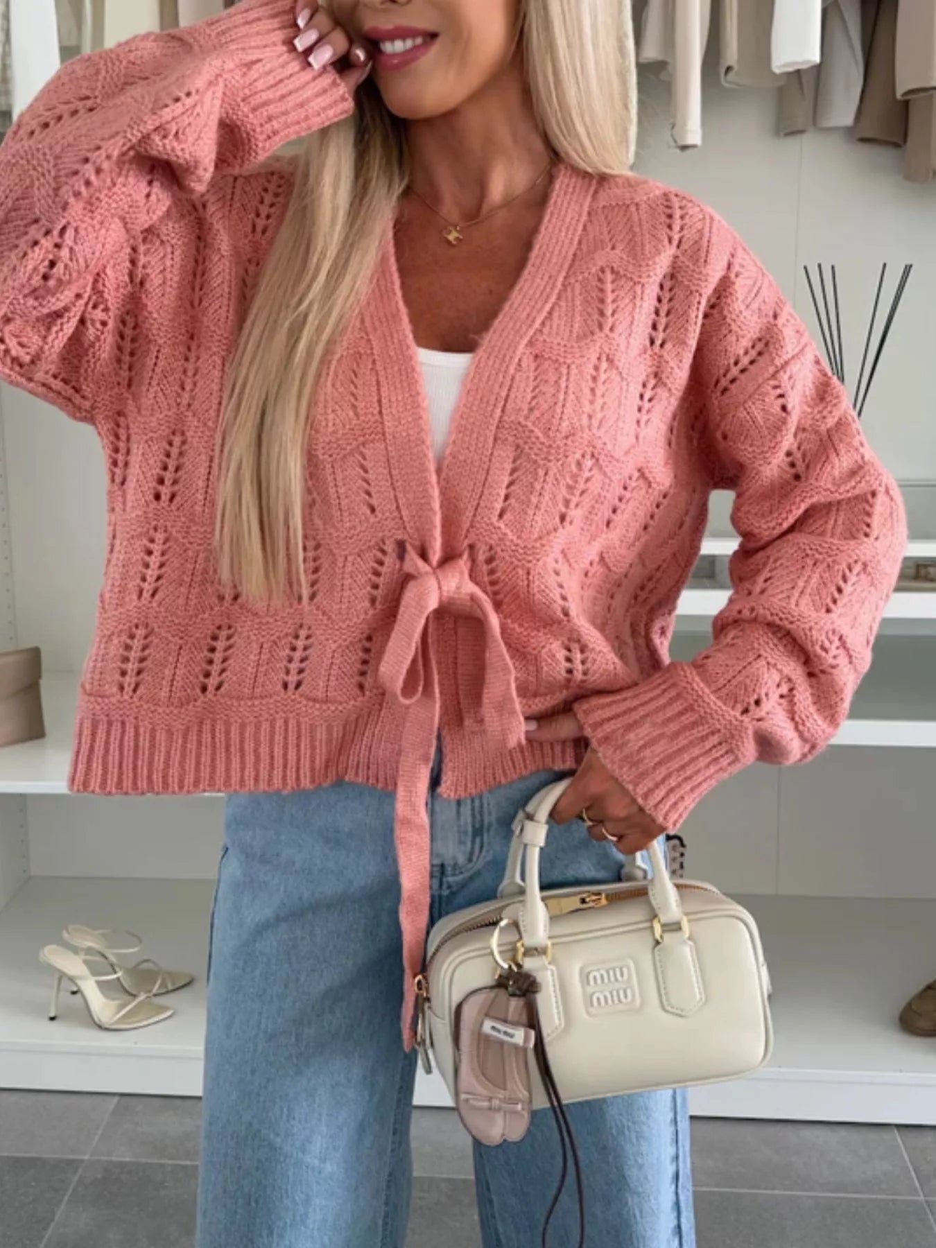 Tie-Front Openwork Cardigan