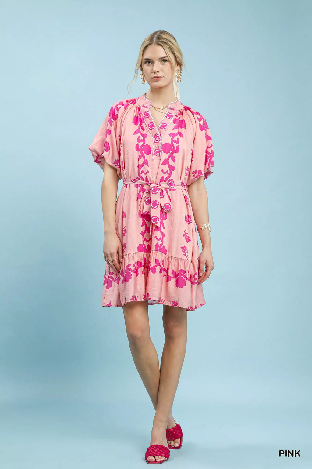 Umgee Floral Tie-Waist Boho Mini Dress