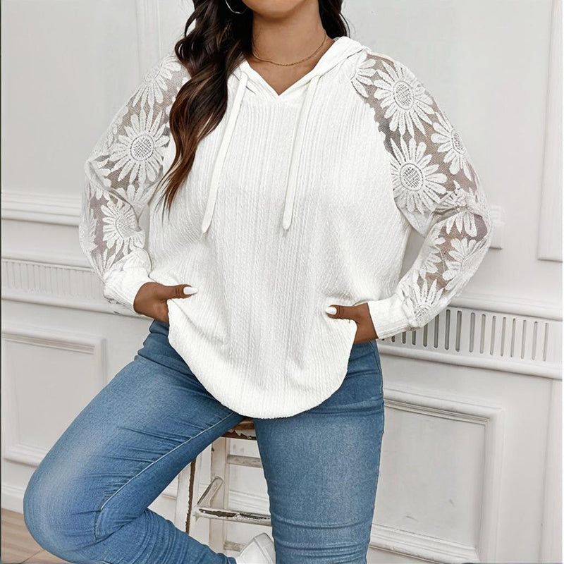Women’s Plus Size Hoodie – Lace Long Sleeve Pullover Top