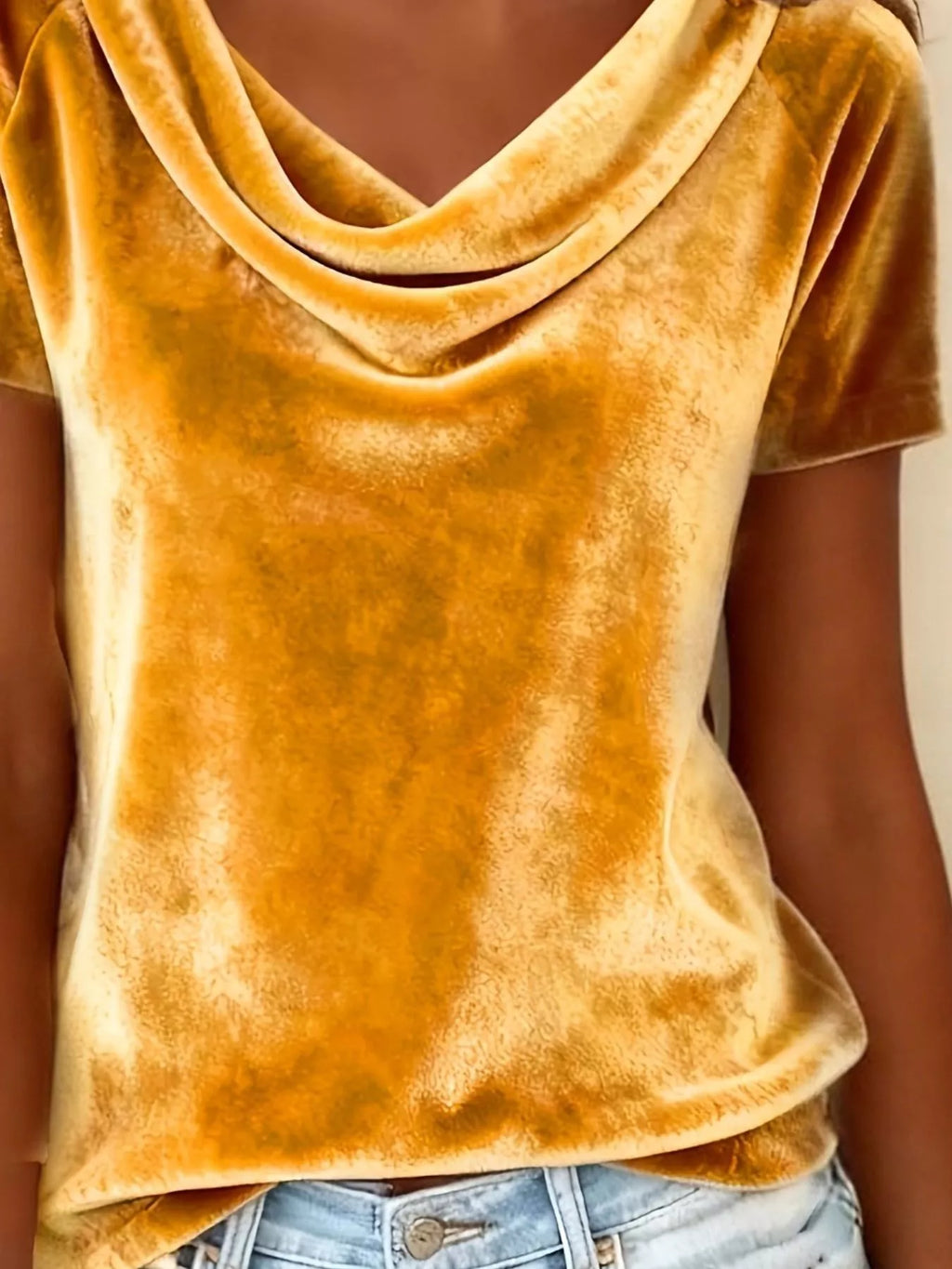 Velvet Cowl Neck Short Sleeve Top