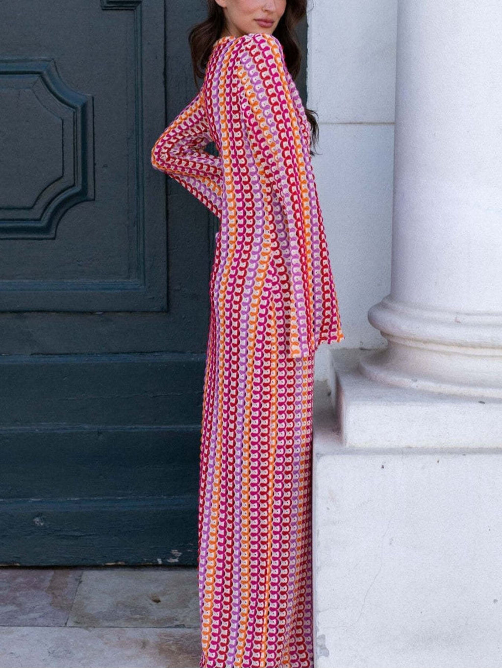 Slit Striped Knit Maxi Dress
