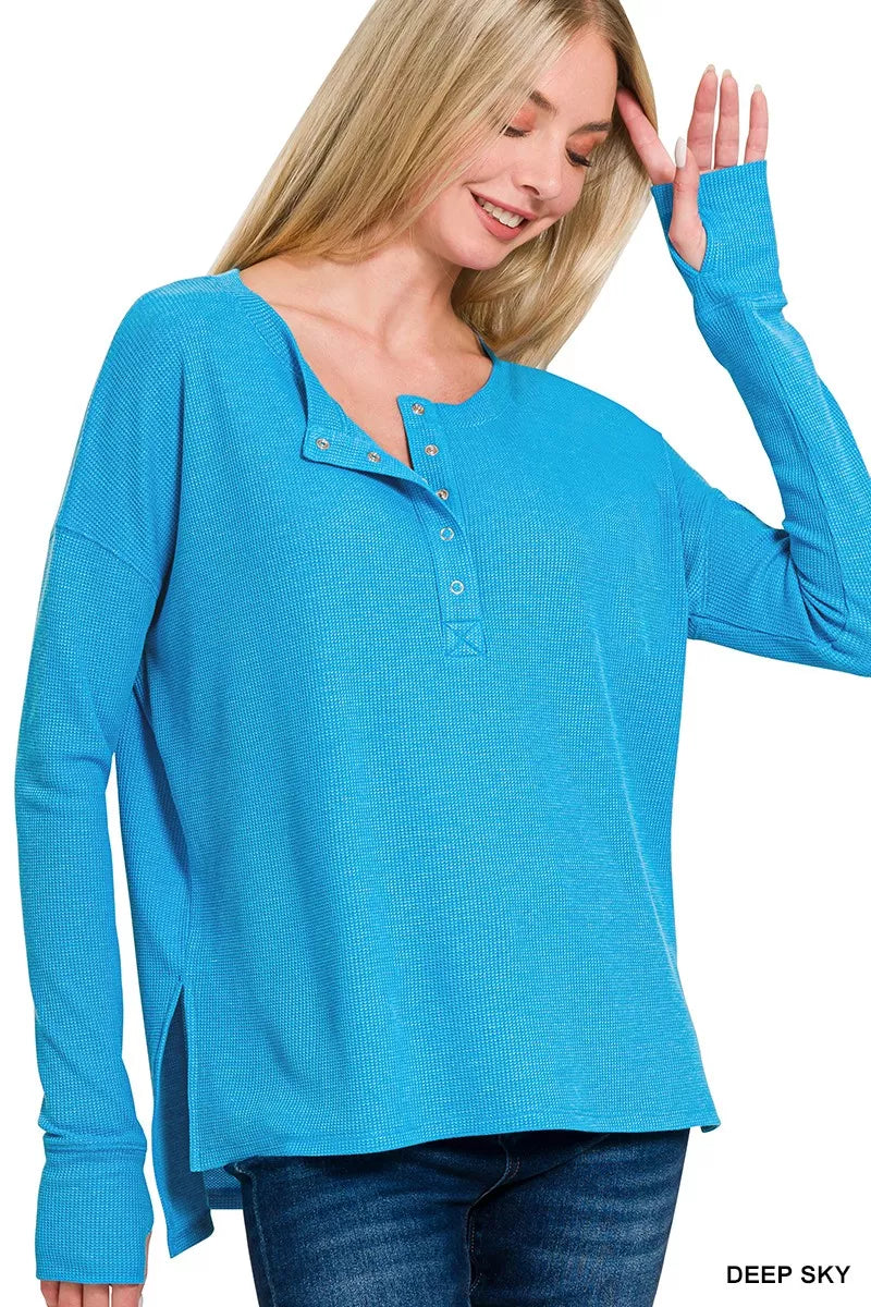 Zenana Waffle Thumb Hole Cuffs Henley Tee