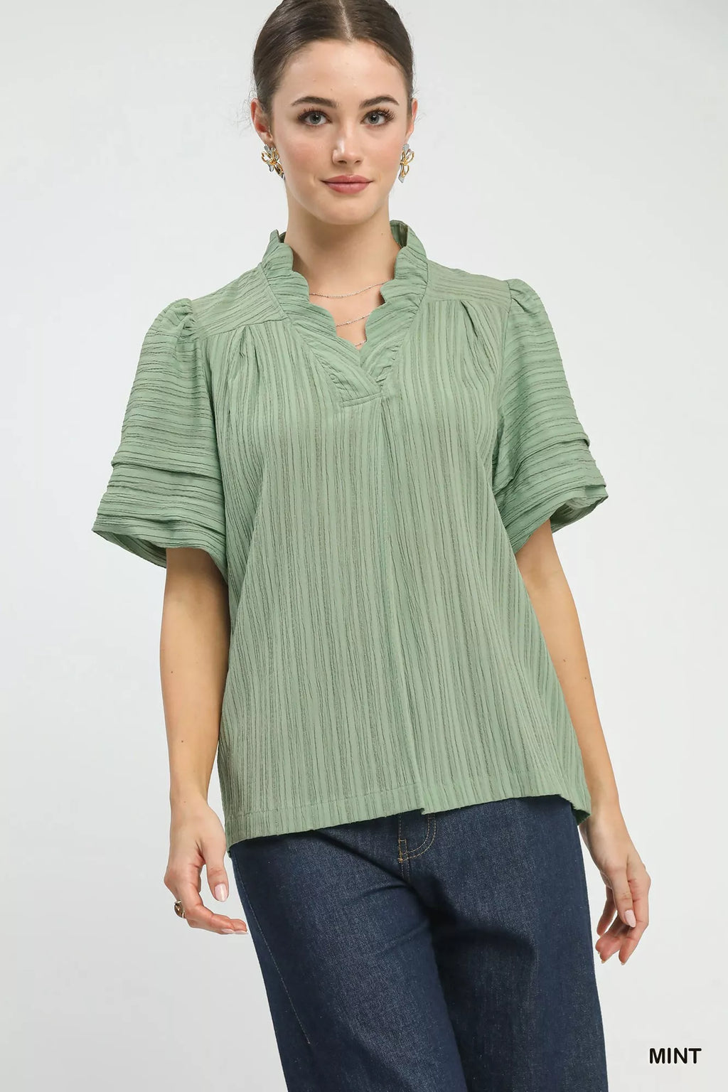 Umgee Seersucker Bubble Sleeve V-Neck Blouse