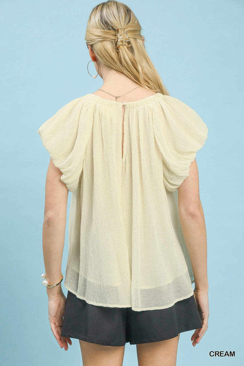 Umgee Crinkle Flutter Sleeve Peasant Top