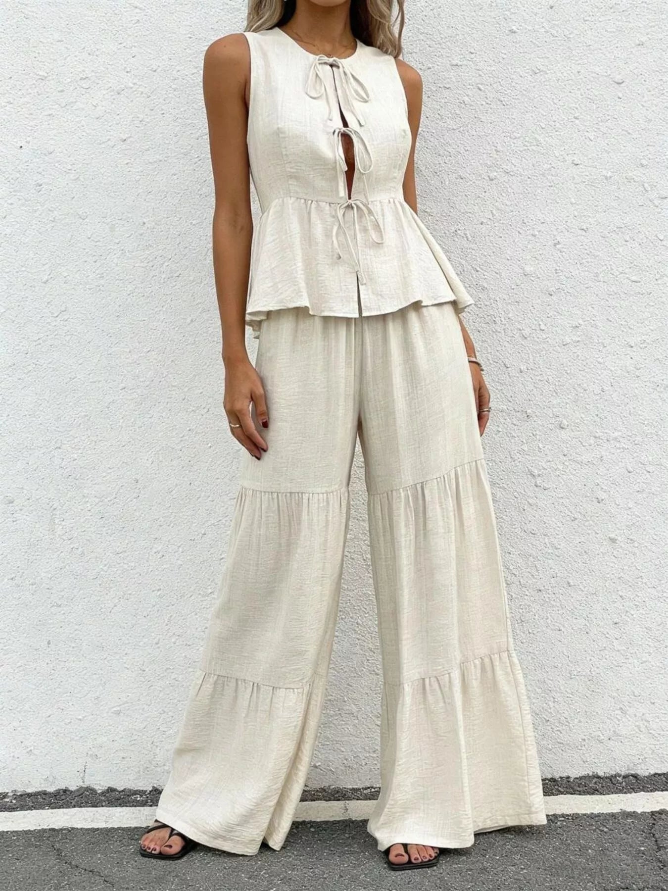 Sleeveless Tie-Front Top and Wide Leg Pants Set