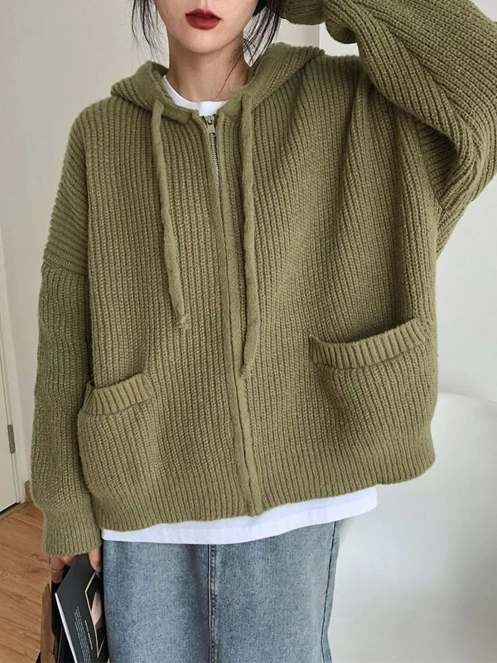 Full Size Casual Knitted Zip-Up Hooded Cardigan Plus Size