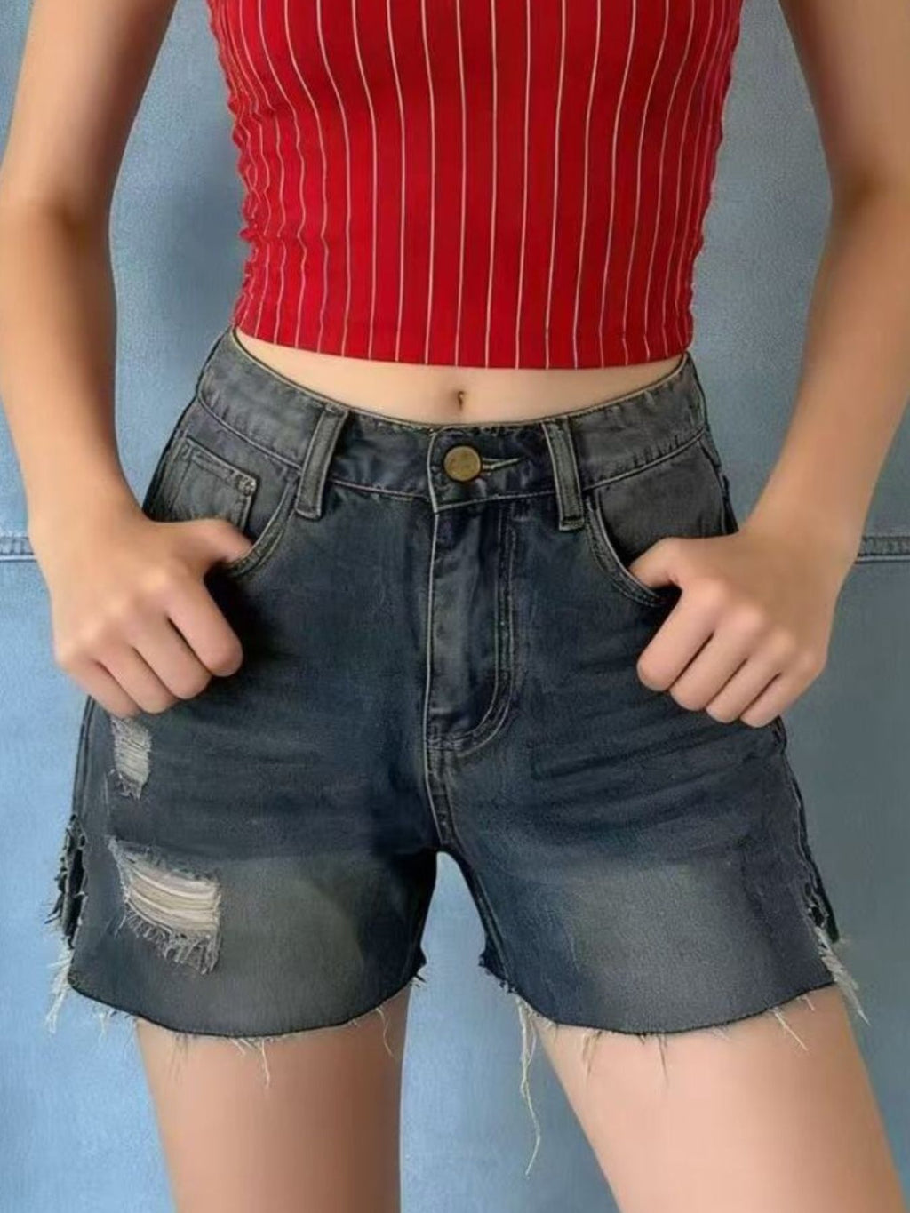 Distressed Slit Denim Shorts