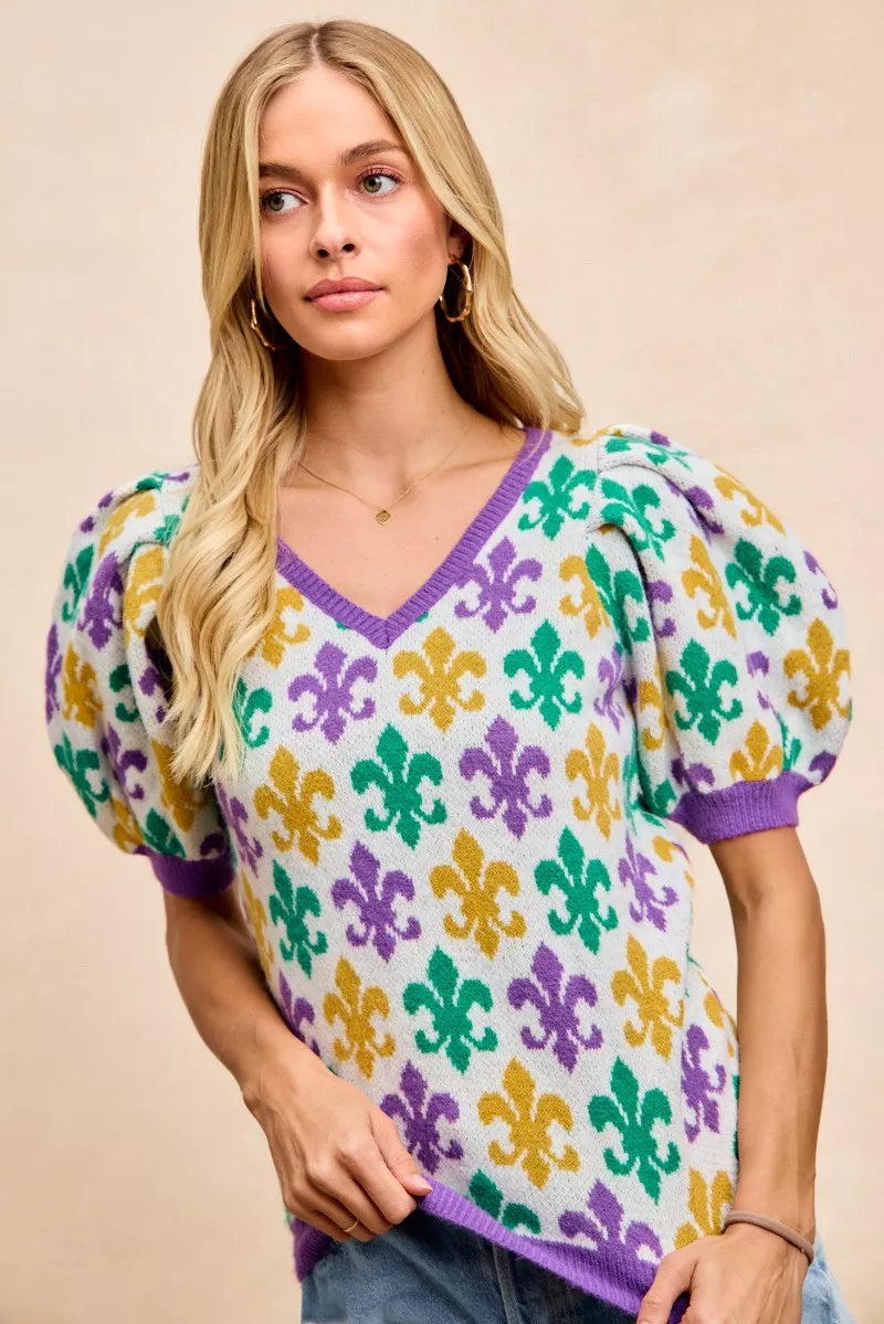 BiBi Mardi Gras Fleur De Lis Patterned V Neck Knit Top