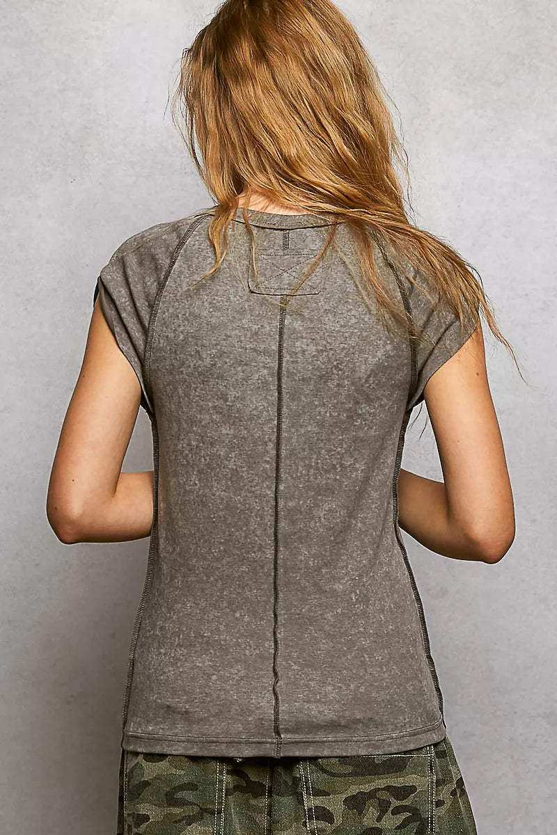 POL V-Neck Short Sleeve Washed T-Shirt with Outseam