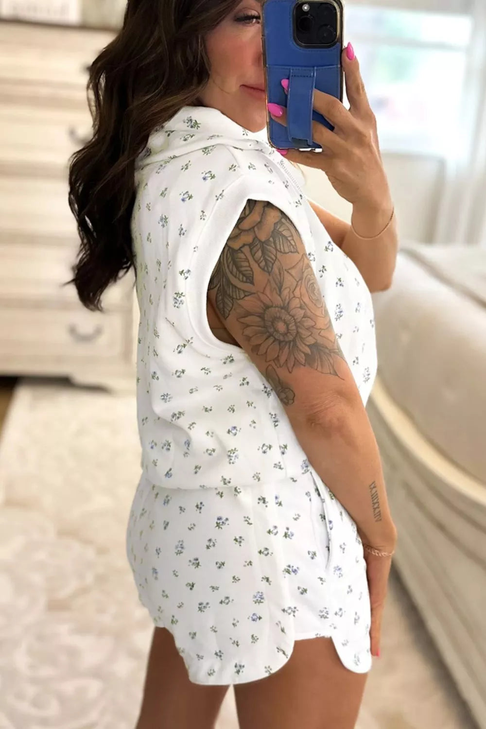 Floral Print Half Zip Top Matching Short Set