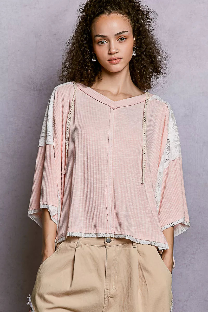 POL Short Sleeve Hoodie Top with Lace Detail