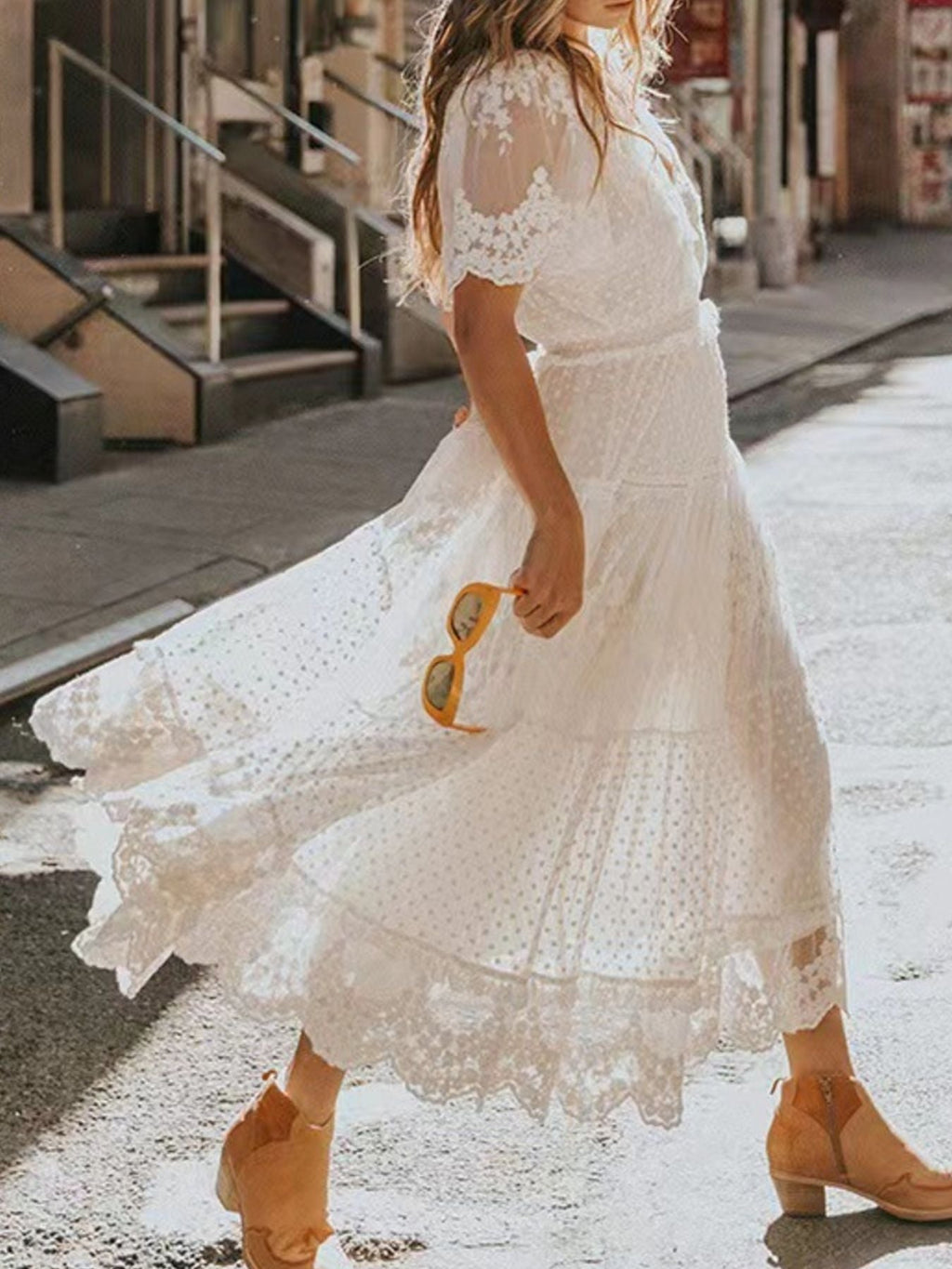 Full Size Lace Bohemian Short Sleeve Maxi Dress Plus Size