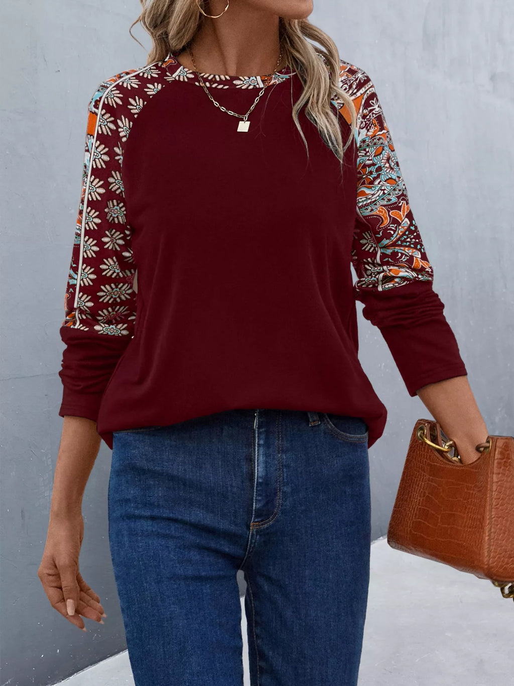 Printed Raglan Sleeve Round Neck T-Shirt