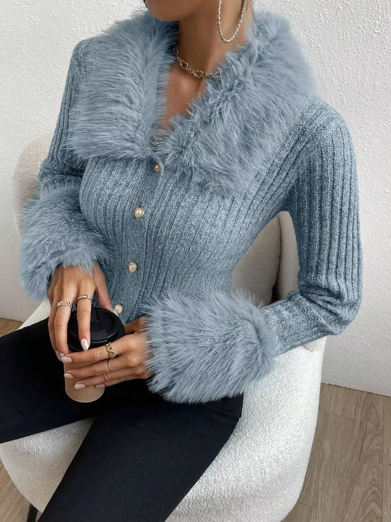 Faux Fur Trim Ribbed Knit Cropped Cardigan