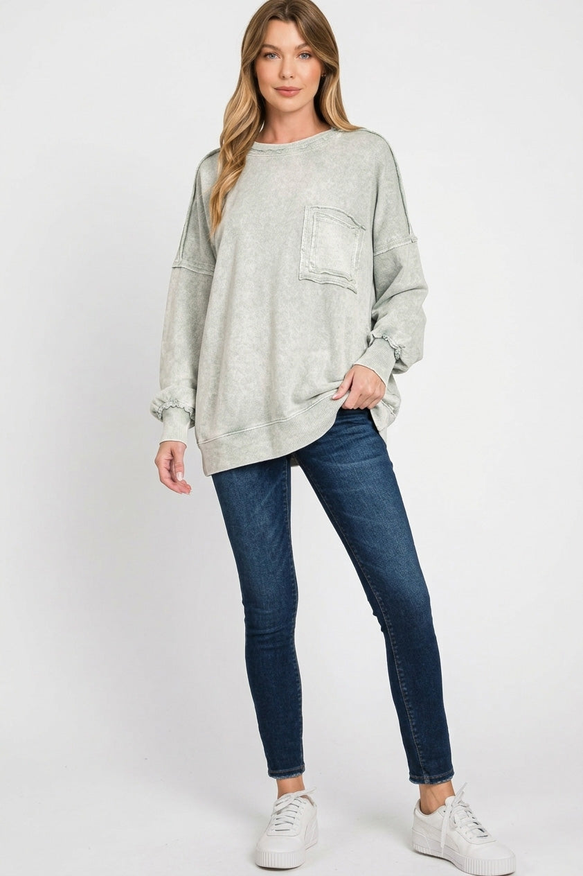 Zenana Halo Washed French Terry Exposed-seam Sweatshirt
