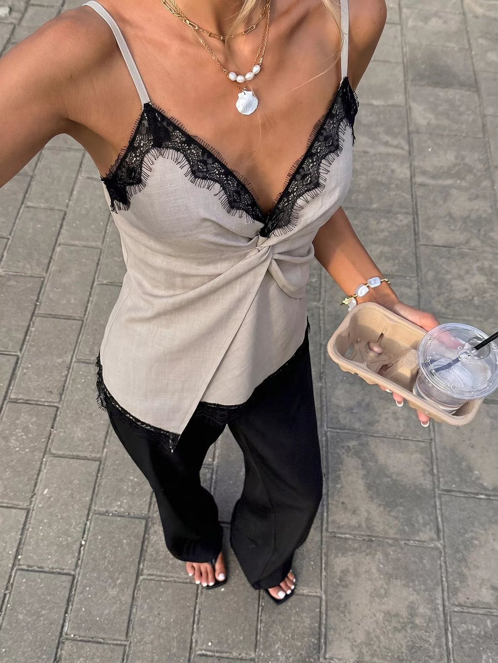 Lace Trim Twist Front Cami