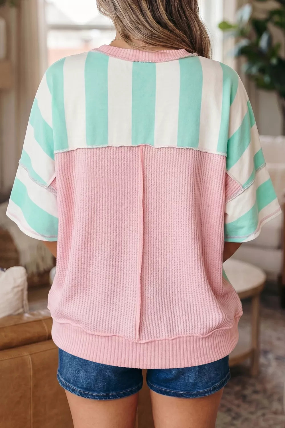 Stripe Exposed Seam Ribbed Patchwork Oversized Tee