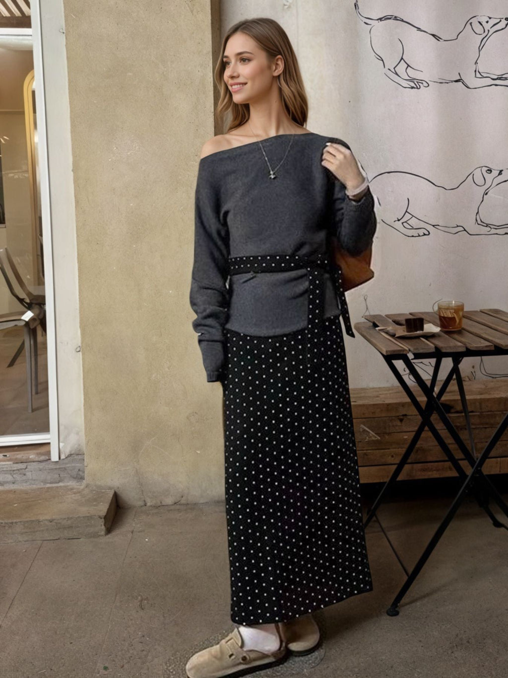 One Shoulder Top and Polka Dot Skirt Set