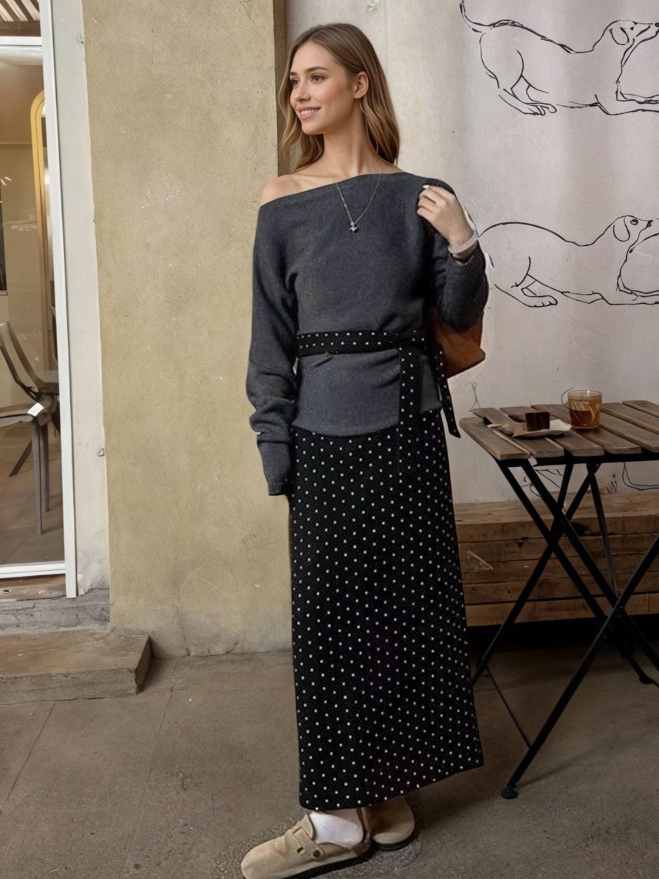 One Shoulder Top and Polka Dot Skirt Set