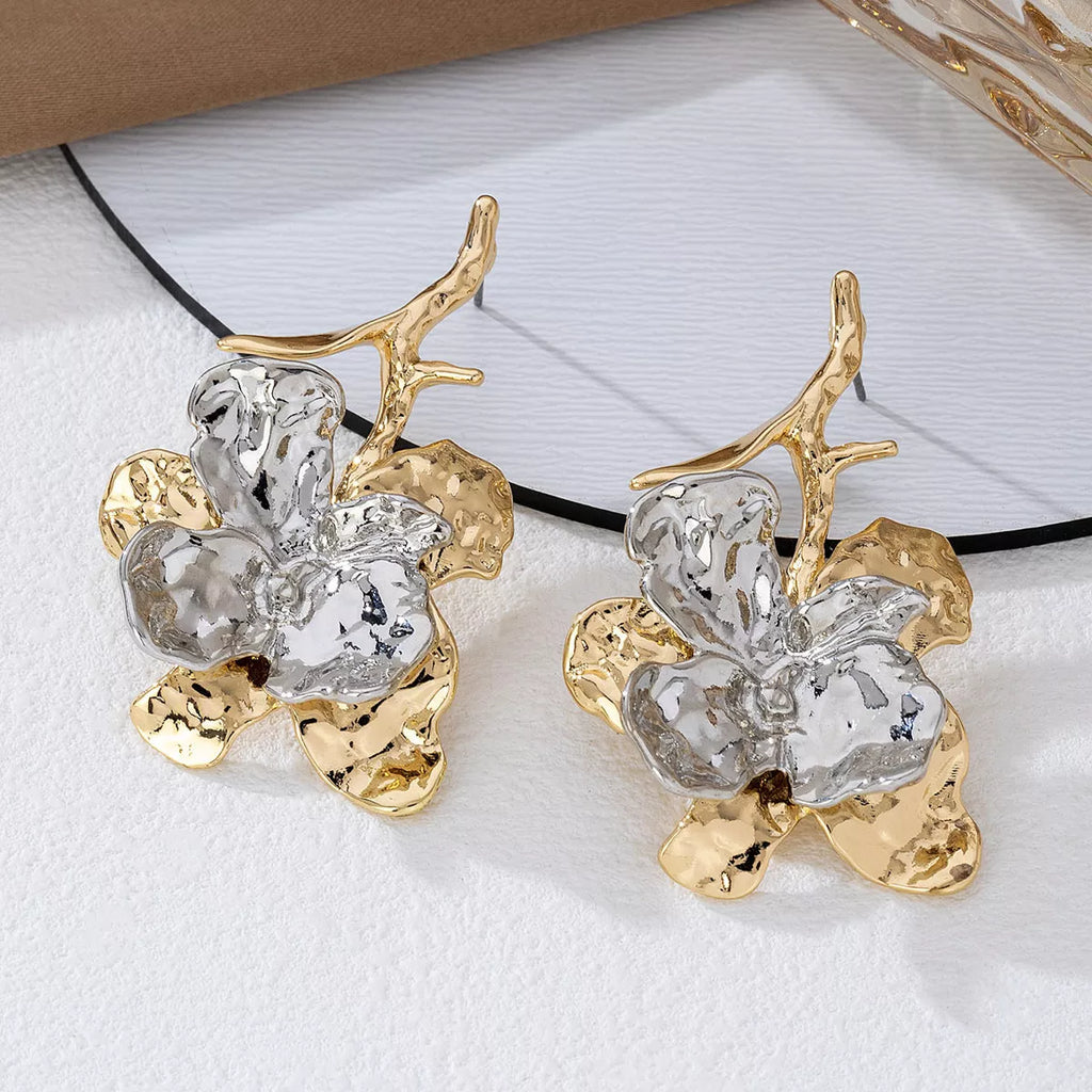 Stainless Steel Flower Statement Drop Earrings