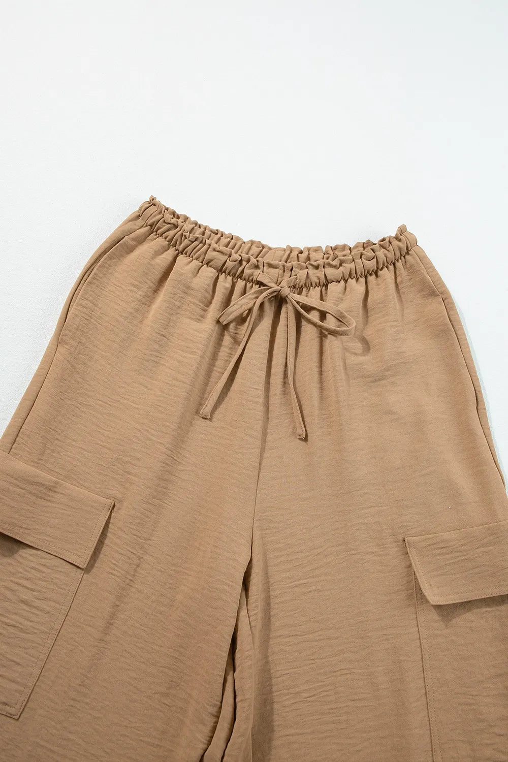 Drawstring Frilled Waist Wide Leg Utility Trousers