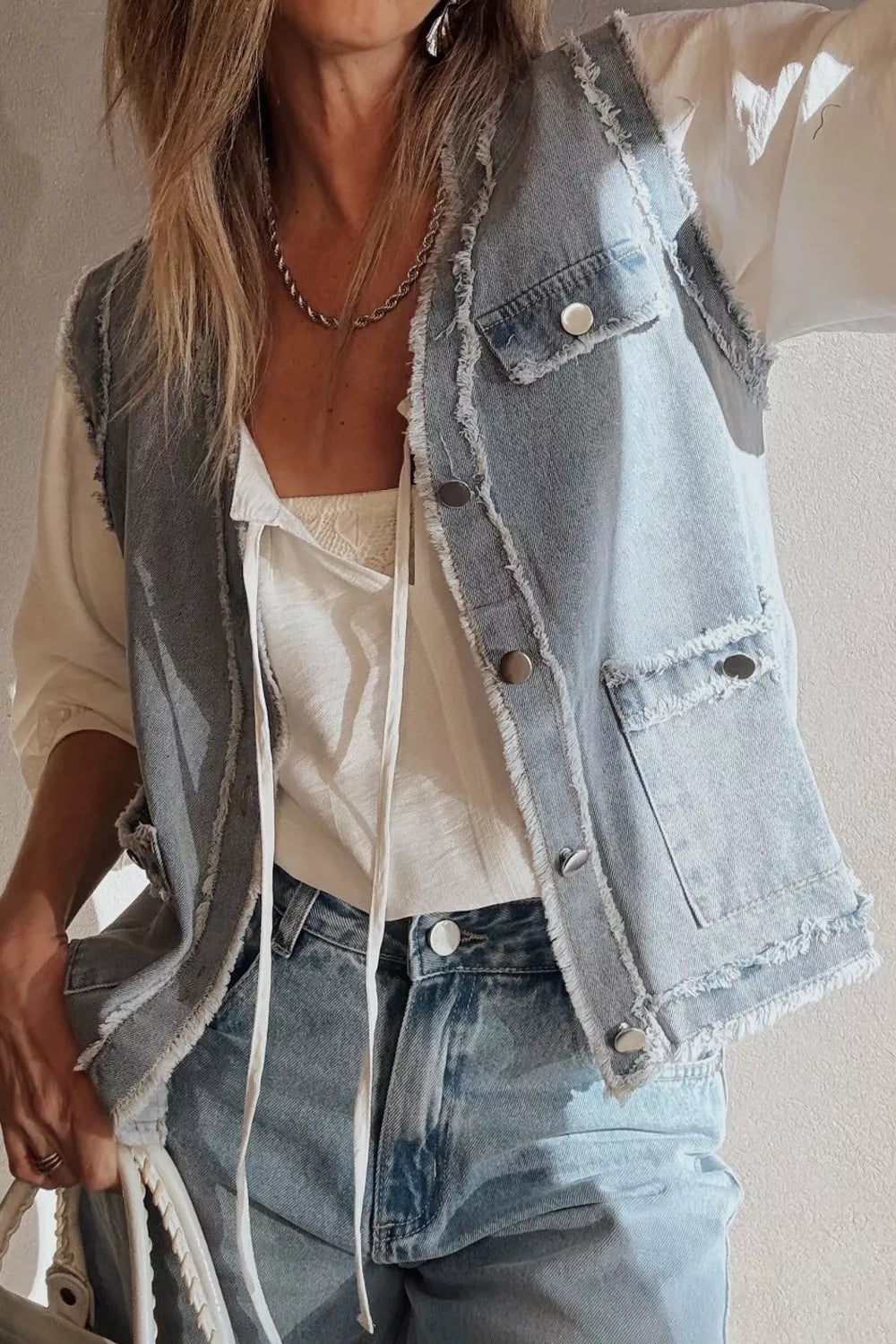 Frayed Edge Flap Pockets Denim Vest Jacket