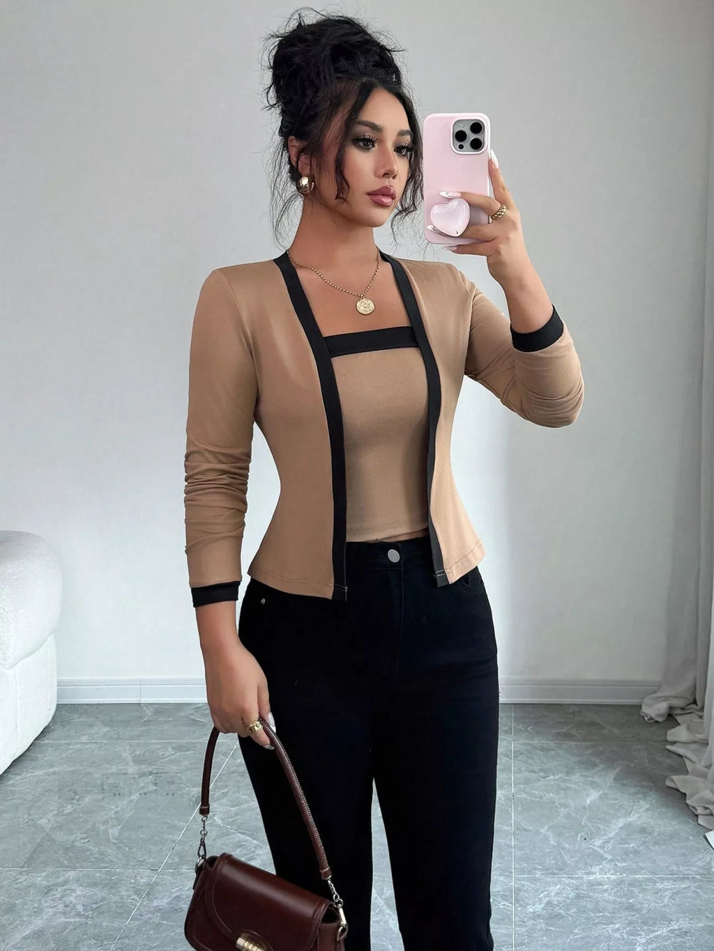Contrast Trim Cardigan & Tank Top Set