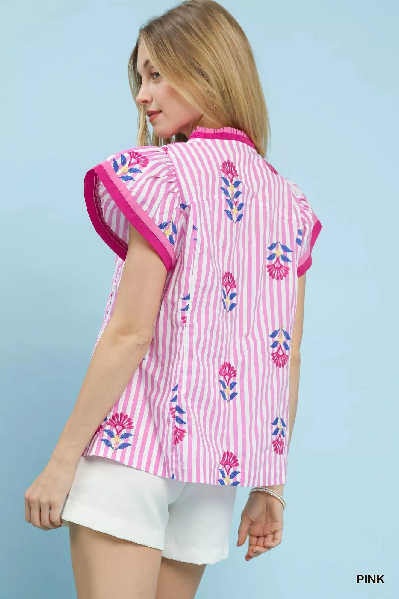 Umgee Embroidered Striped Flutter Sleeve Top