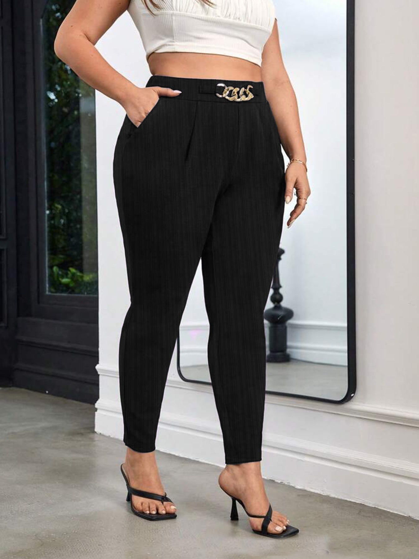 Plus Size Elegant Chain Decor High Waist Skinny Pants