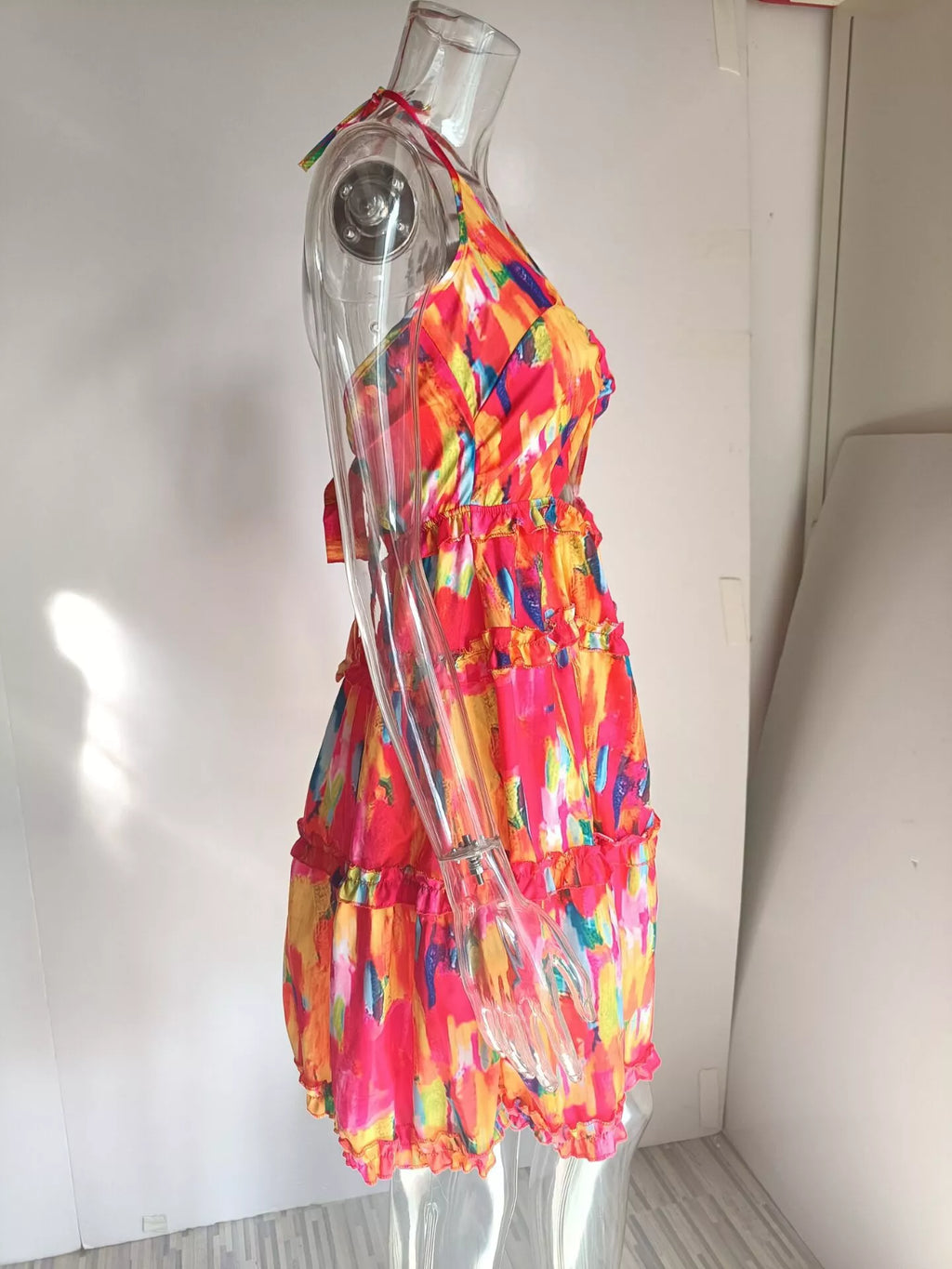 Colorful Print Halter Neck Ruffle Mini Dress
