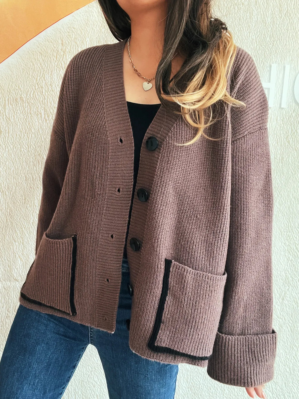 Button-Front Ribbed Cardigan with V-Neck