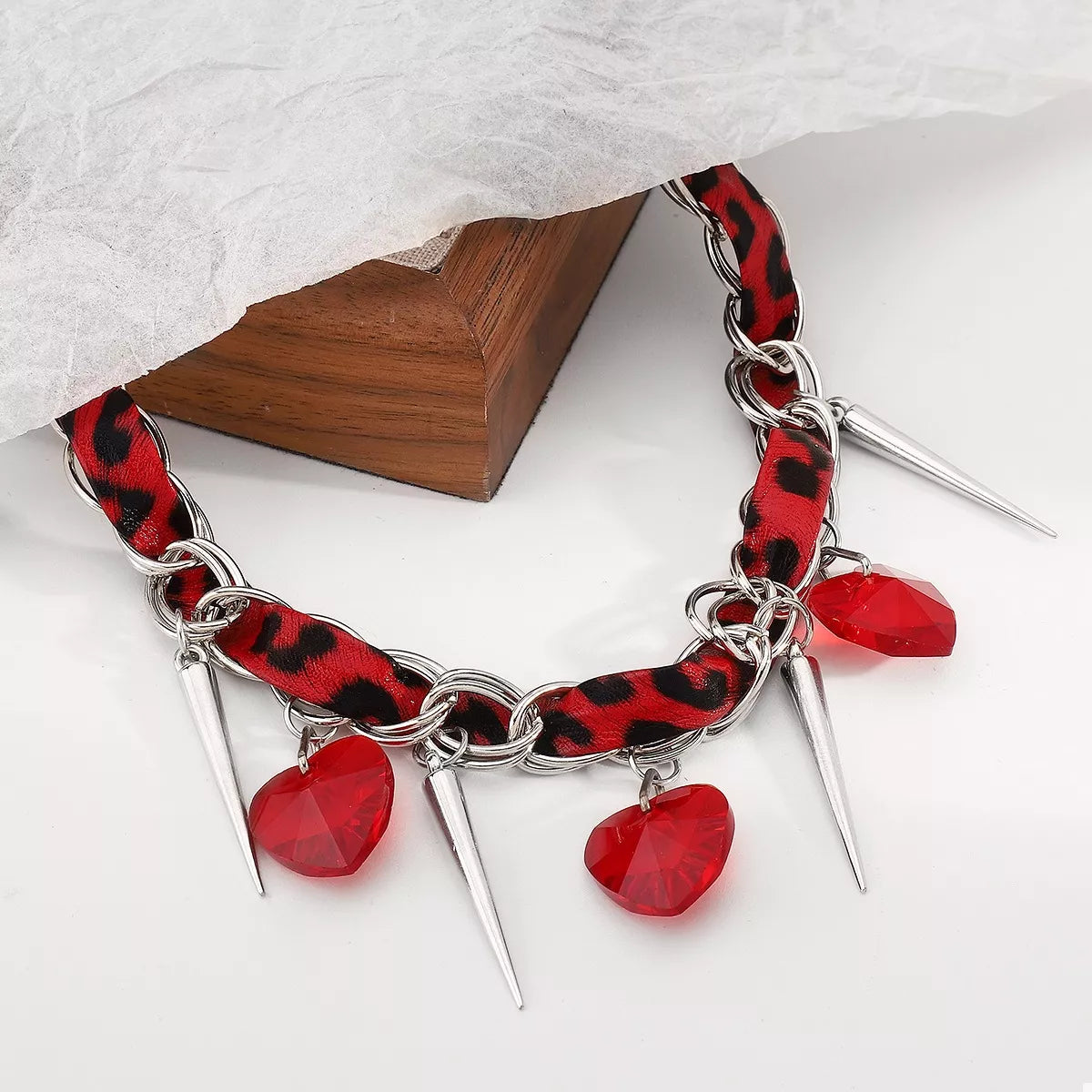 Heart Charm Choker Necklace with Metal Spikes