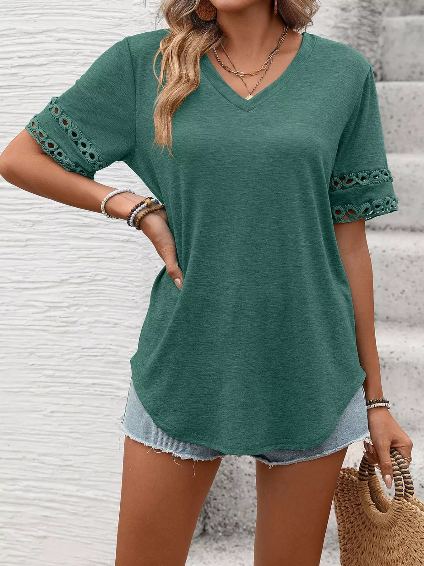 V-Neck Hollow-Out Sleeve T-Shirt