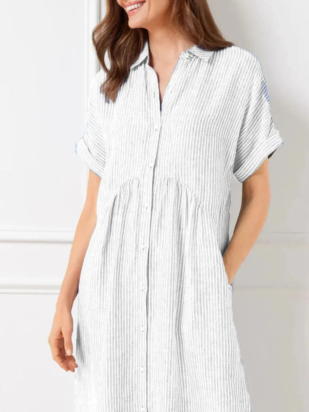 Full Size Striped Button-Front Midi Dress Plus Size