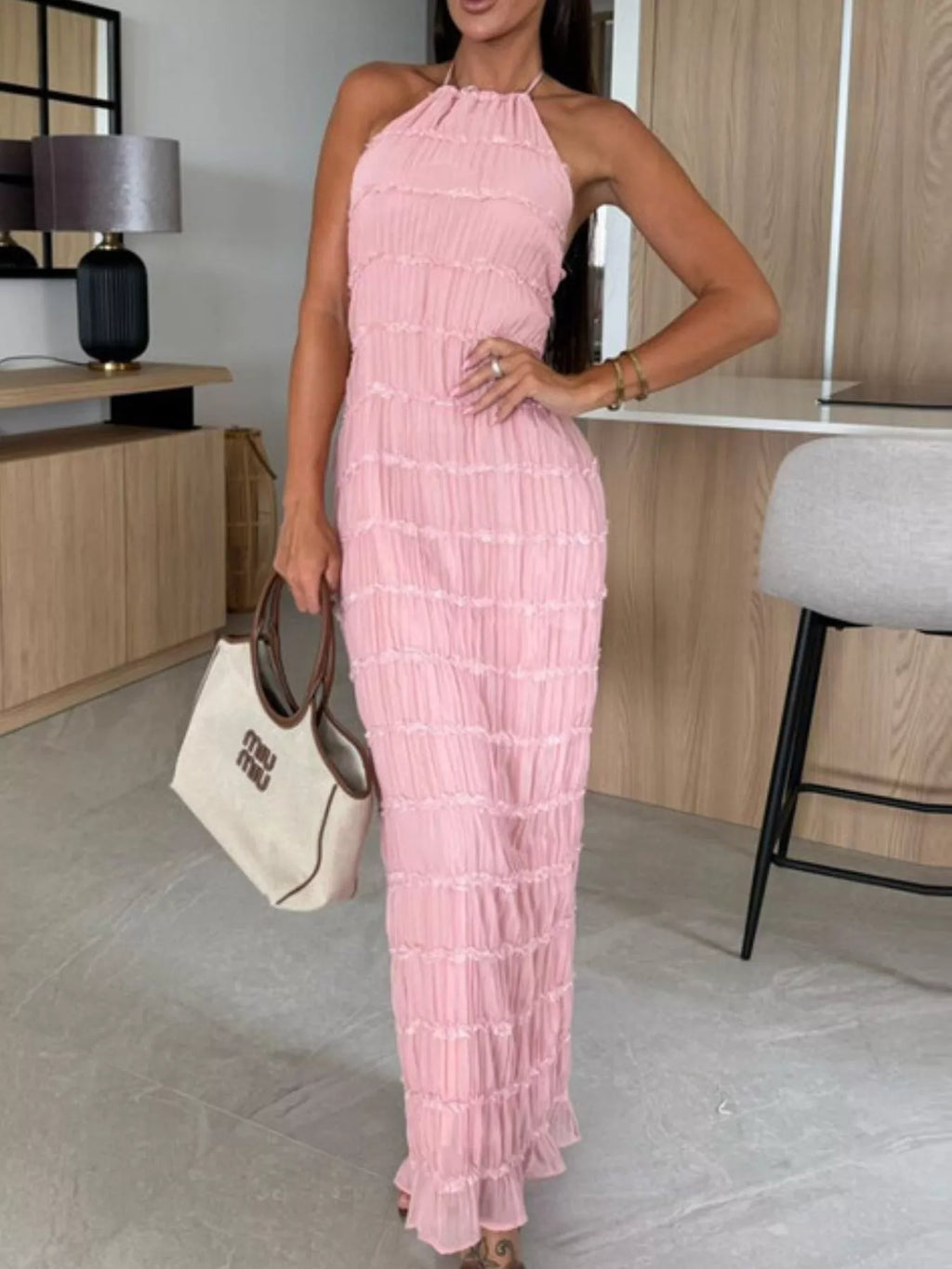 Ruched Halter Neck Maxi Dress
