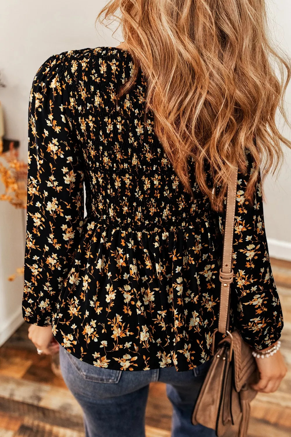 Floral Print Smocked Waist Long Sleeve Blouse
