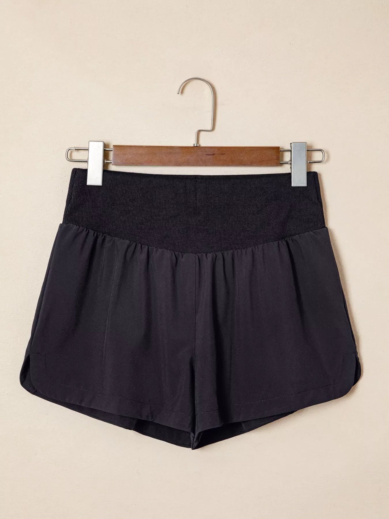 Solid Color Ribbed Patchwork High Waist Athletic Shorts