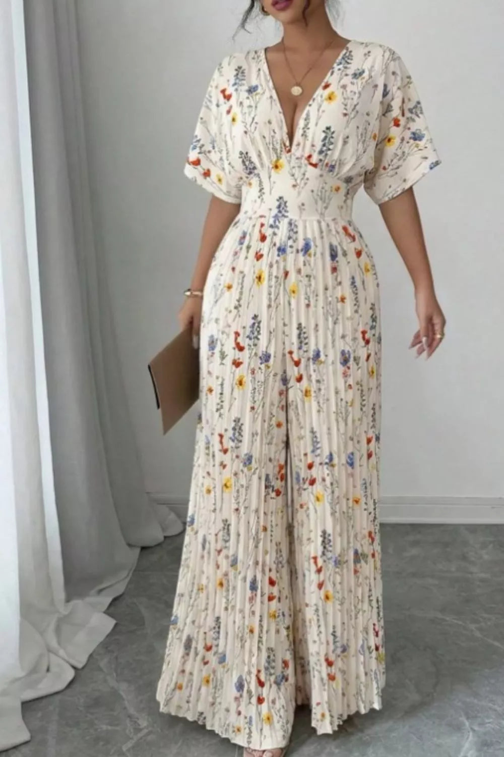 Floral Print Wide Leg Pleated Jumpsuit
