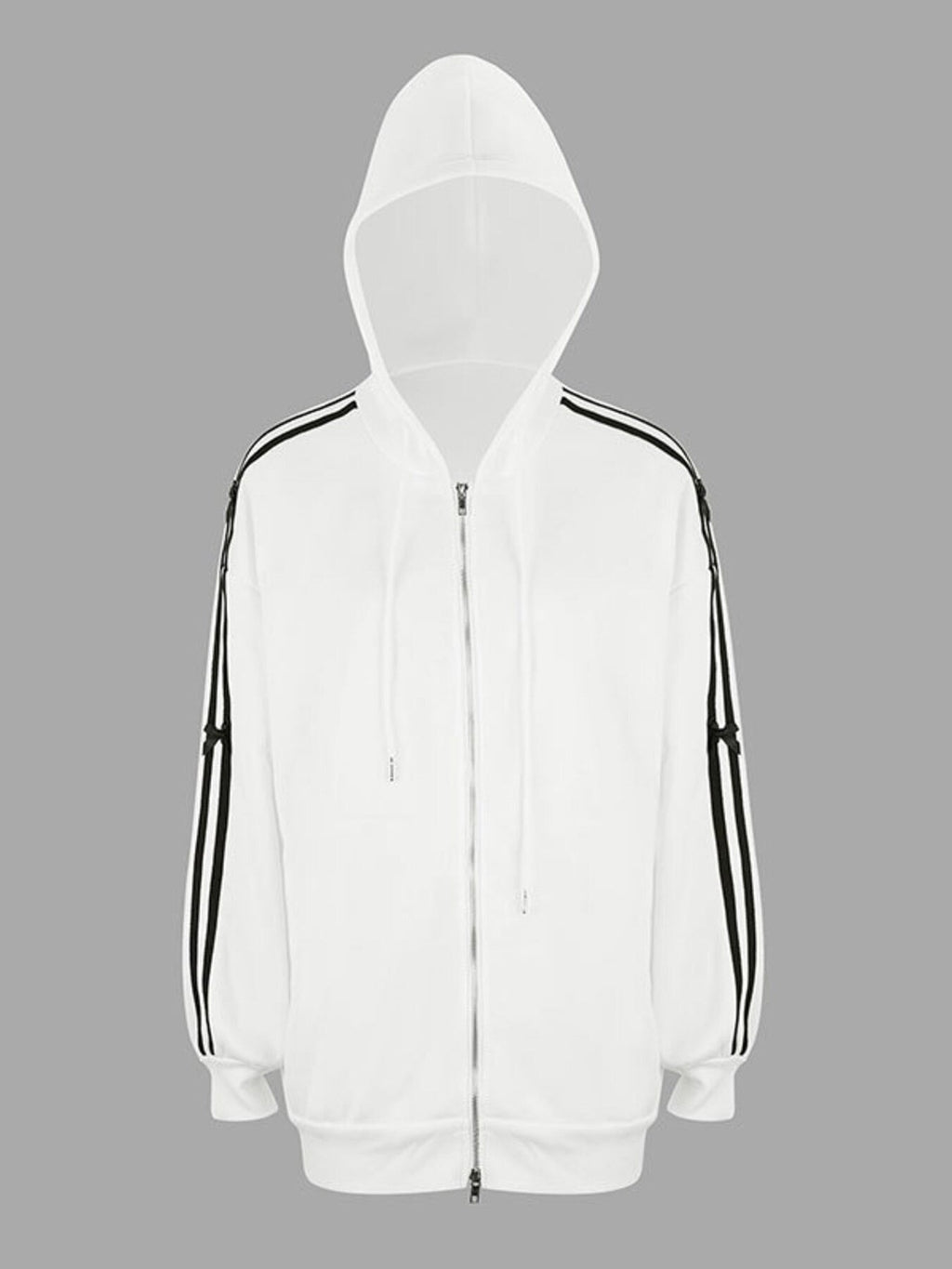Striped Sleeve Zip-Up Drawstring Hoodie