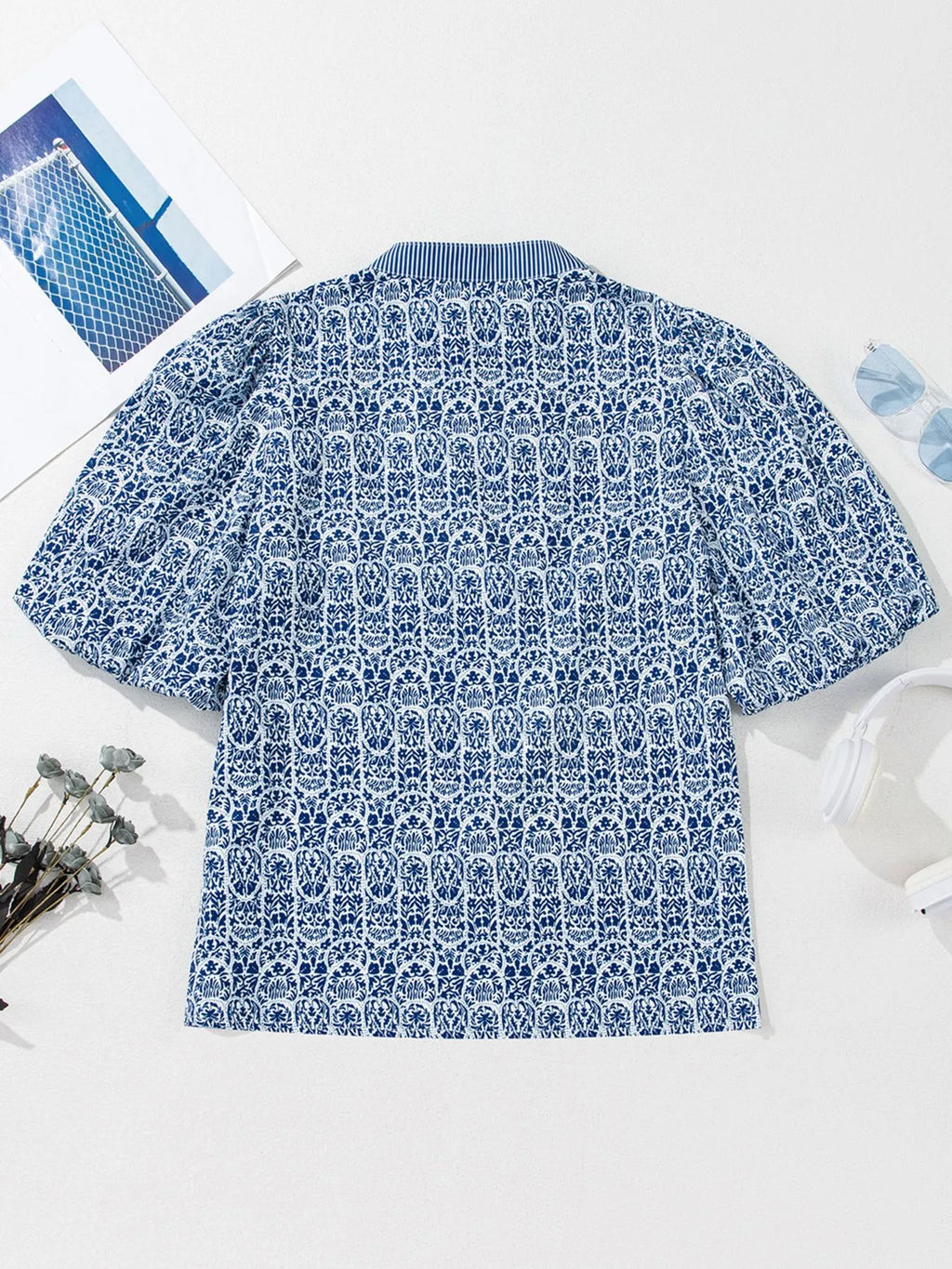 Printed Contrast Ric-Rac Puff Sleeve Top