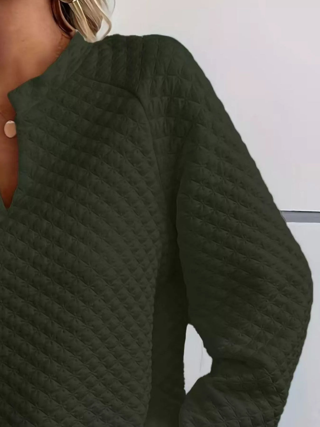 Quilted Texture Long Sleeve Sweatshirt with Notched Neck