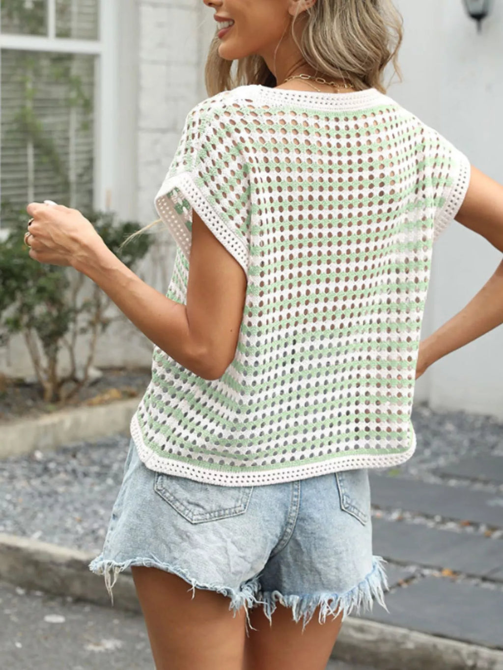 Striped Short Sleeve Crochet Knit Top