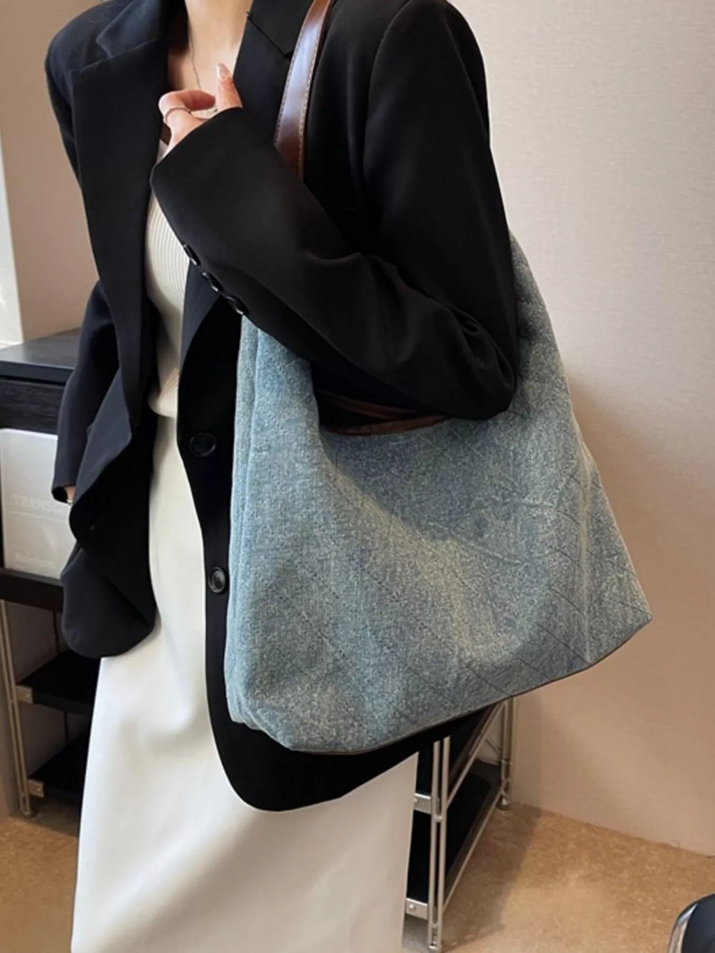 Denim Shoulder Bag with Leather Trim