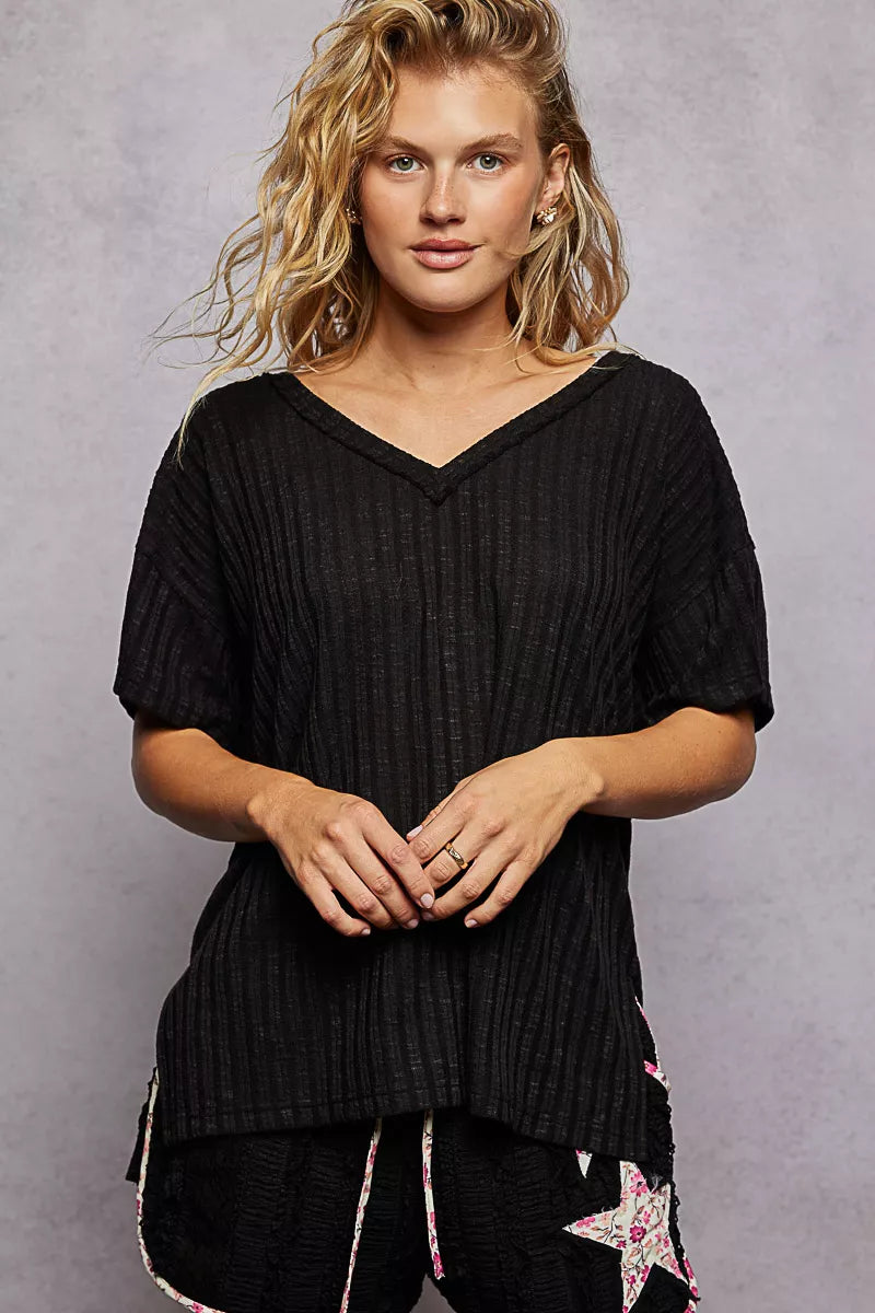 POL Ribbed Knit V-Neck Short Sleeve T-Shirt