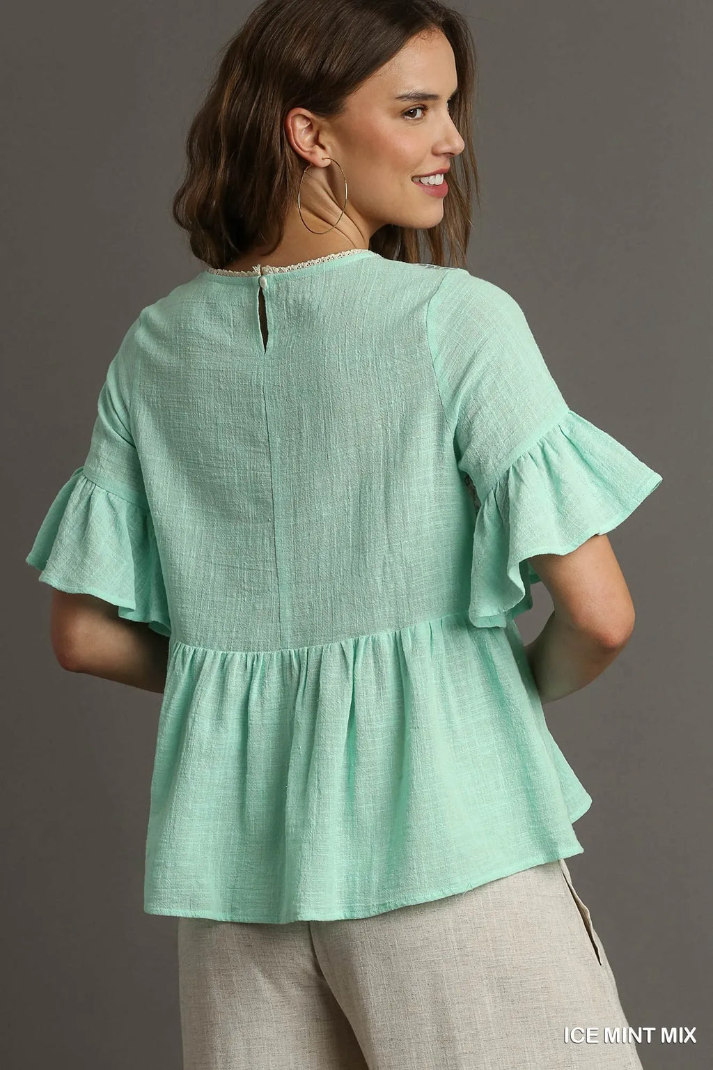 Umgee Floral Lace Trimmed Detail Half Sleeve Babydoll Top