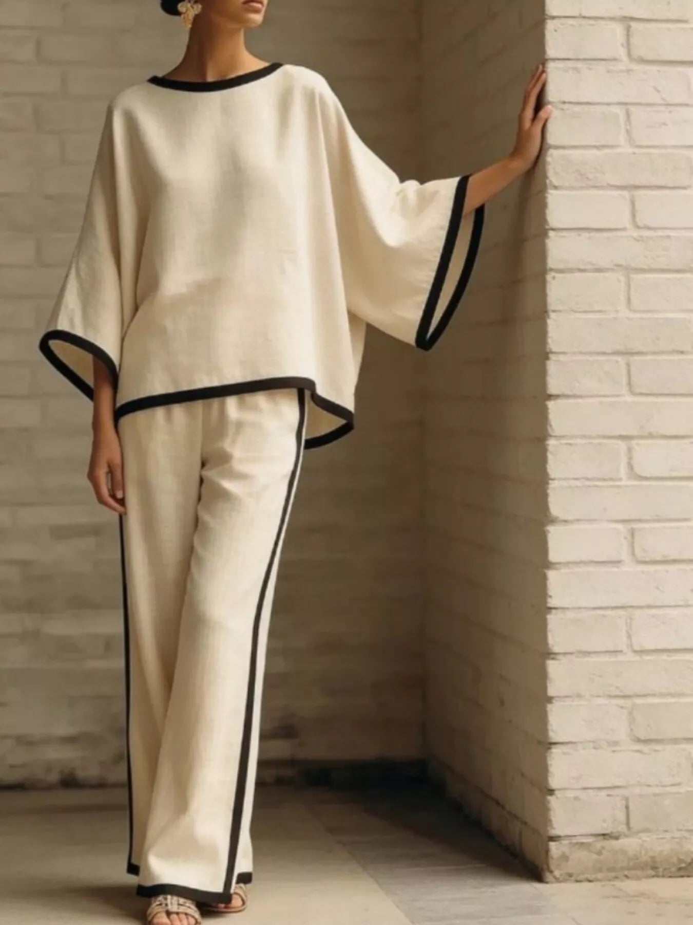 Full Size Contrast Trim Top and Wide-Leg Pants Set Plus Size