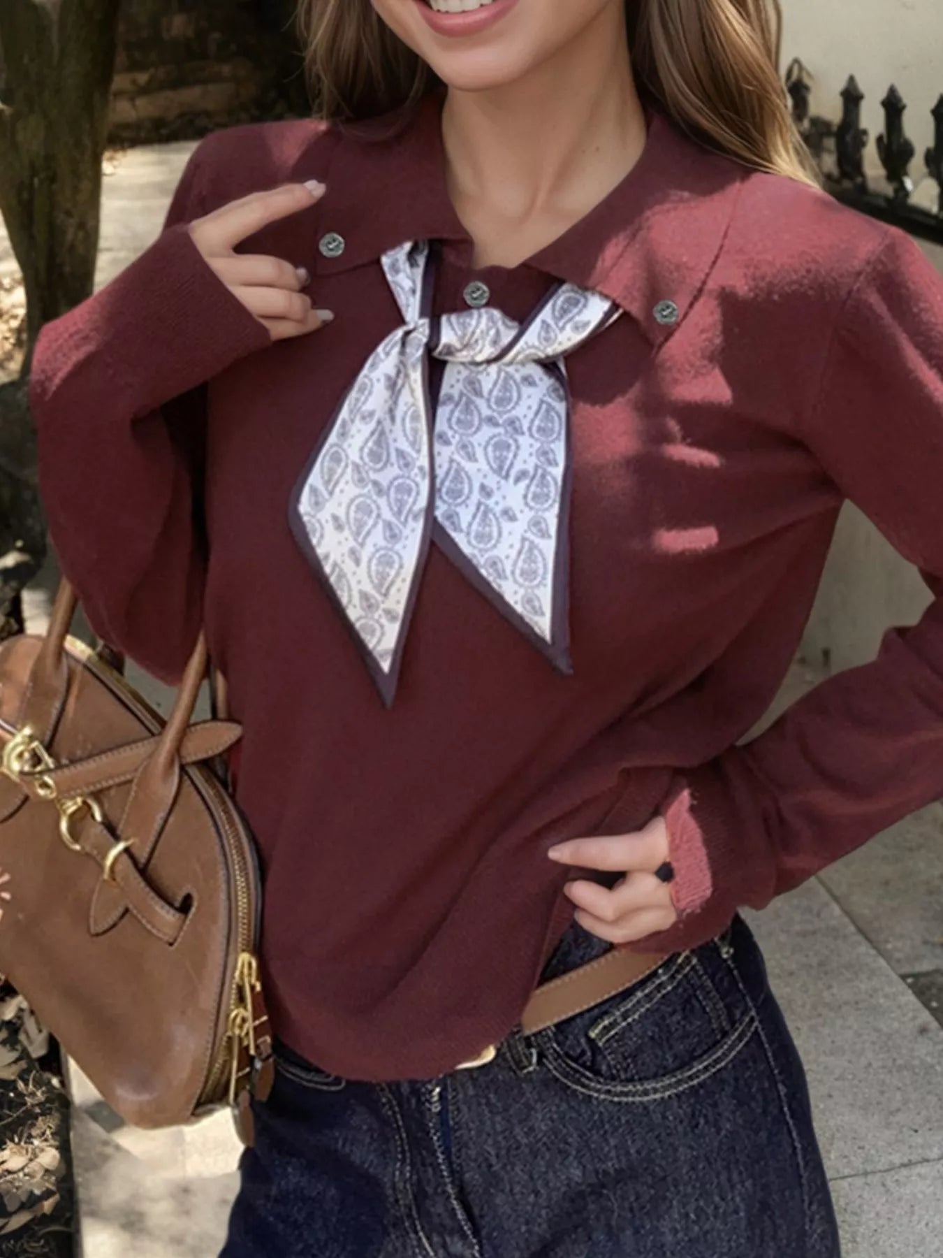 Scarf-Accented Long Sleeve Sweater