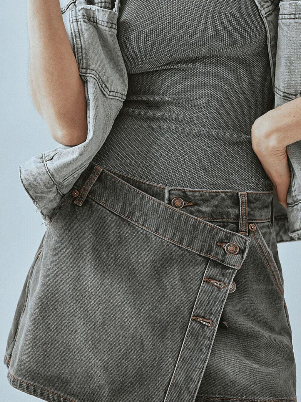 Asymmetrical Button-Front Denim Skort